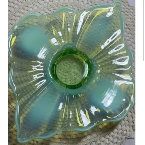 💚Antique Dugan Diamond Green Opalescent Handkerchief Bowl Footed Candy Dish 1909